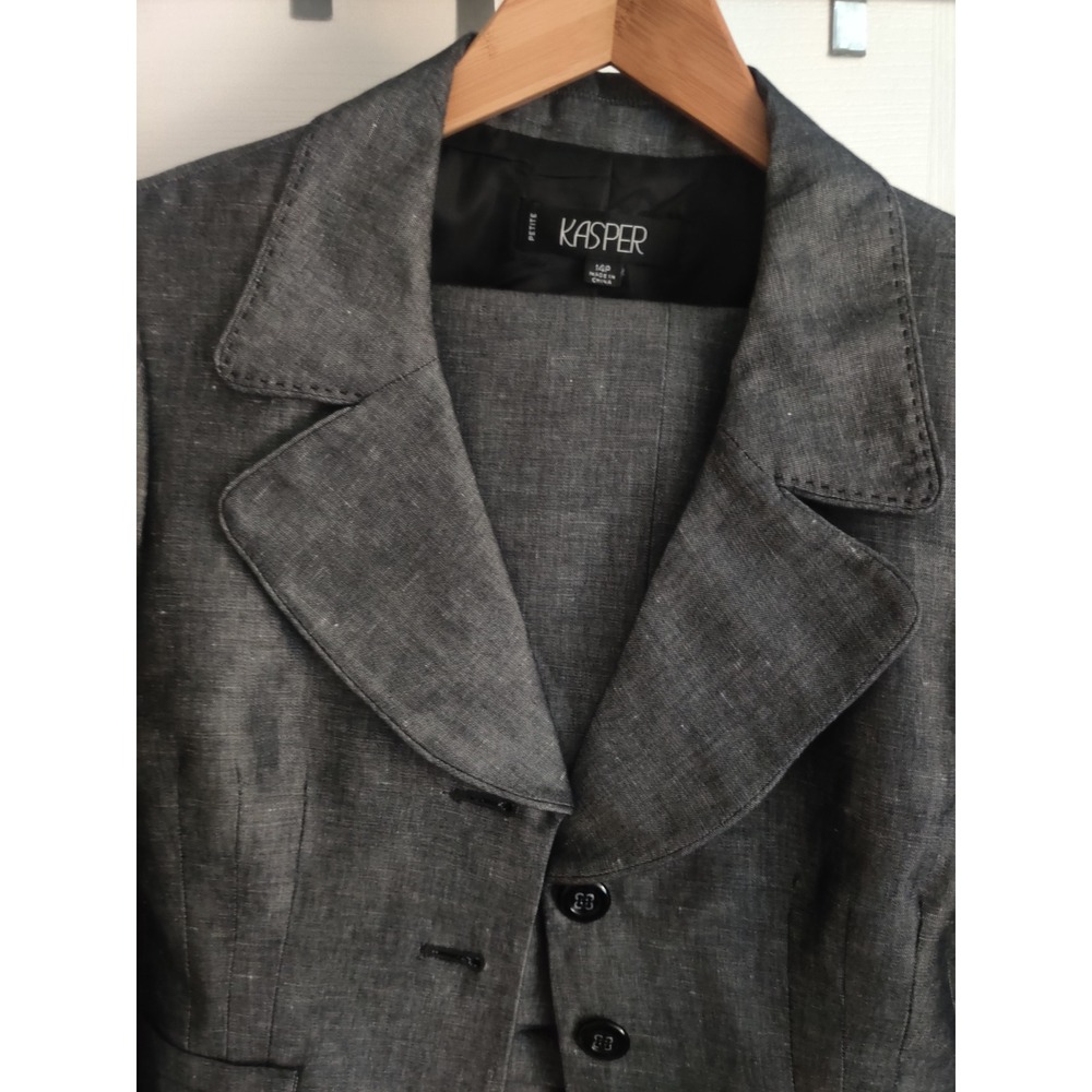 Kasper Petite 2 Piece Pant Suit Grey Linen Cotton Blend Blazer Trousers 14P - Picture 2 of 9